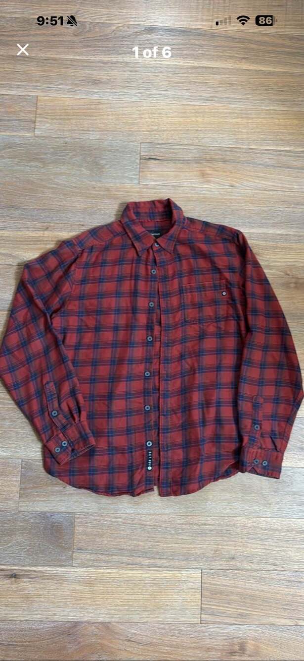 Marmot For Life Red and Blue Plaid Flannel Button-Up Shirt Men's Large